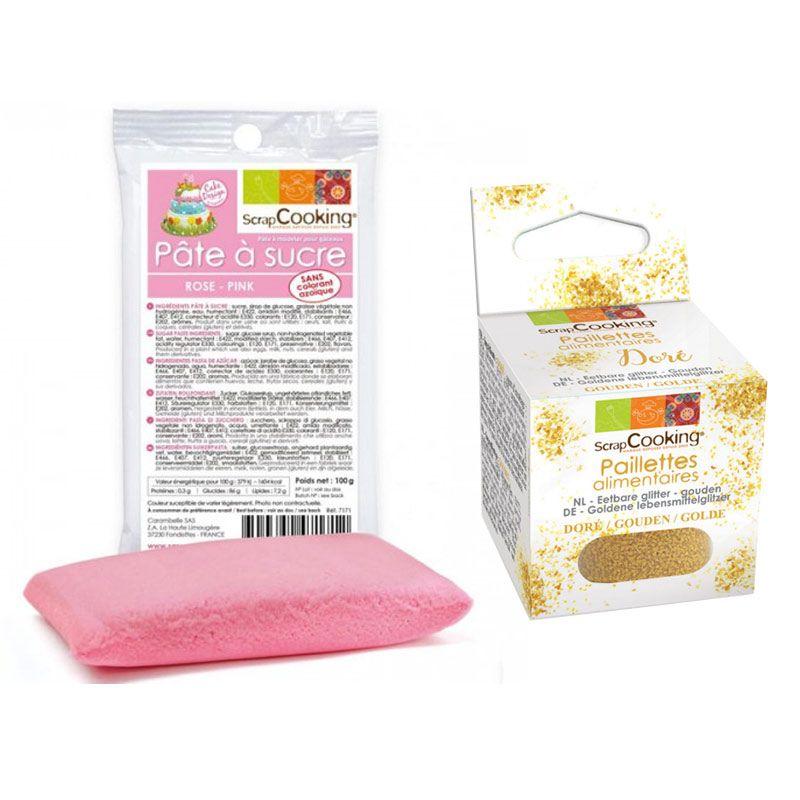 Pâte à sucre rose 100 g + paillettes dorées Scrapcooking