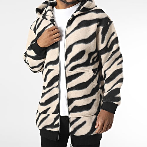Veste Longues Capuche A Rayures Beige Noir