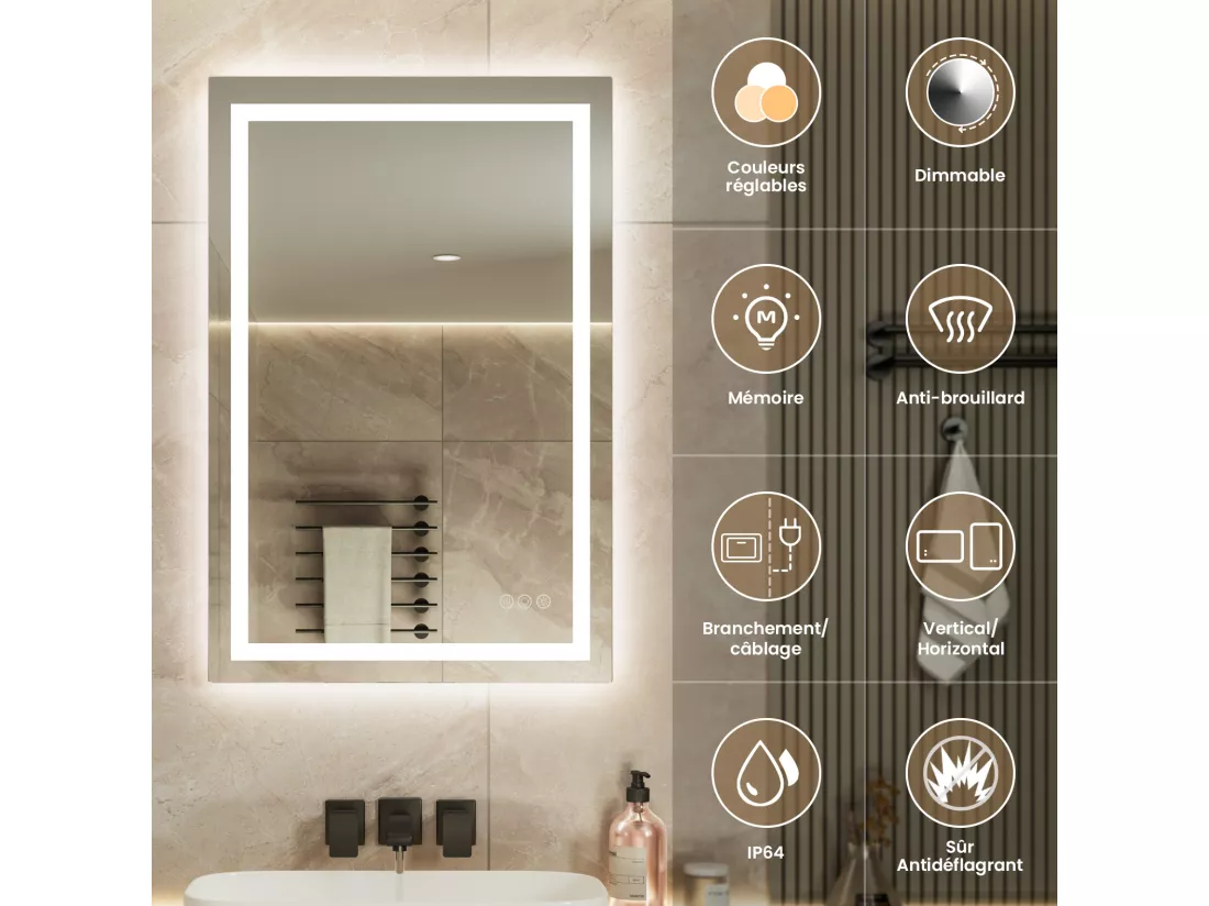 LED Miroir Lumineux Loupe+Tricolore + Anti-buée 90x60cm Salle de Bain Dimmable,Mémoire,Tactile