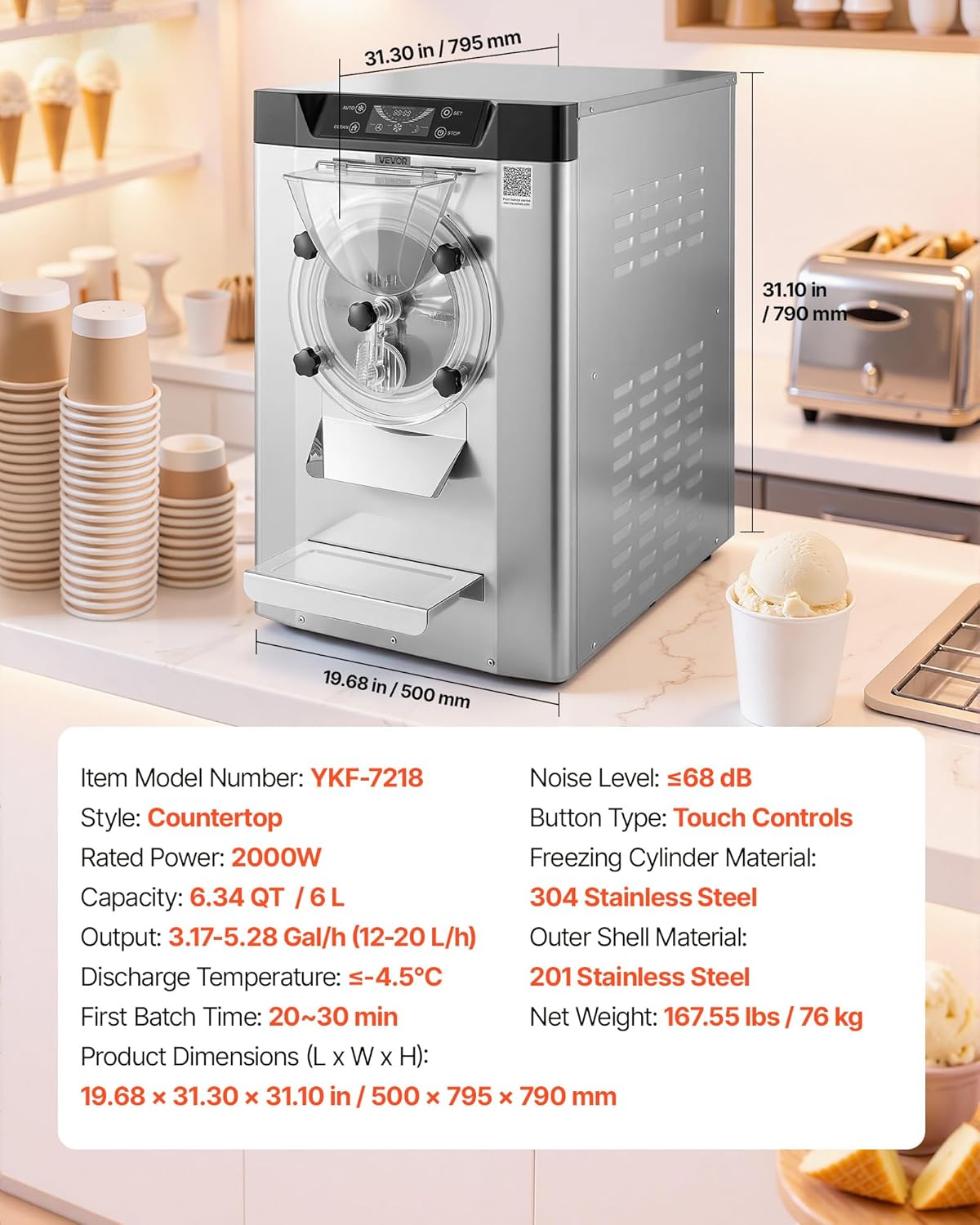 VEVOR Gewerbliche Eismaschine Eiscrememaschine 2000 W 12–20 L/h, Tischgerät für Gelato mit 6 L Edelstahlbehälter (304) & Selbstreinigendes LED-Bedienfeld für Snackbars Restaurants Silber