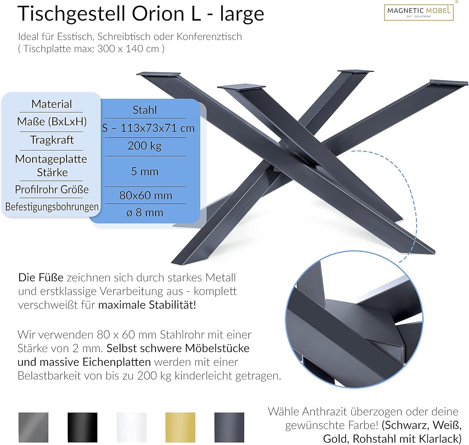 Magnetic Mobel Tischgestell Orion Design Kreuzgestell Schwerlast massiv Tischkufen Stahl Tischbeine Metall (Schwarz, 113x73xH71)
