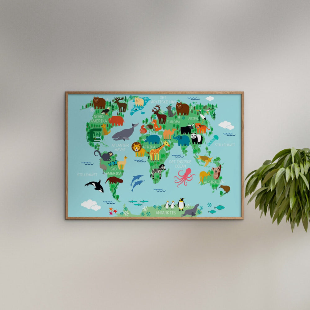 Køb Poster & Frame Citatplakat - Verdenskort Plakat Med Dyr Til Børn