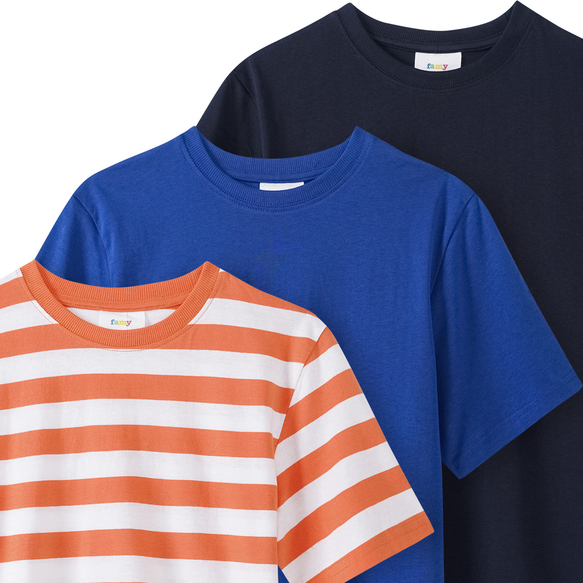 Famy 3 Jungen T-Shirts in verschiedenen Dessins orange / dunkelblau / königsblau