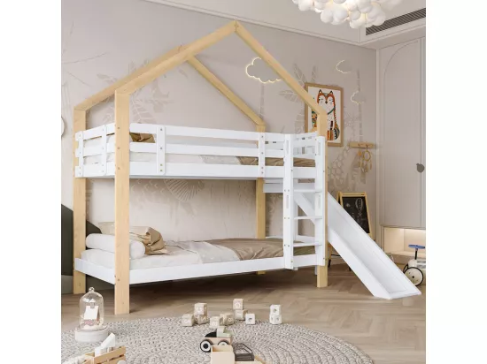 Lits Superposés 2x90x200cm avec toboggan - lit cabane - cadre de lit en bois massif - Blanc+Naturel