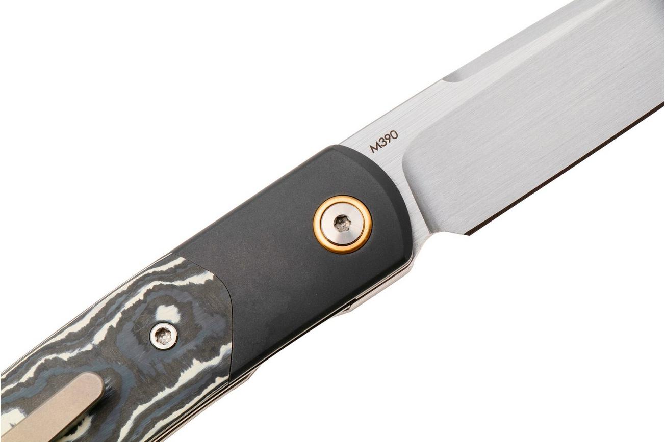 Reate Tribute Satin M390, Titanium FatCarbon White Storm, zakmes, Jack Chen design