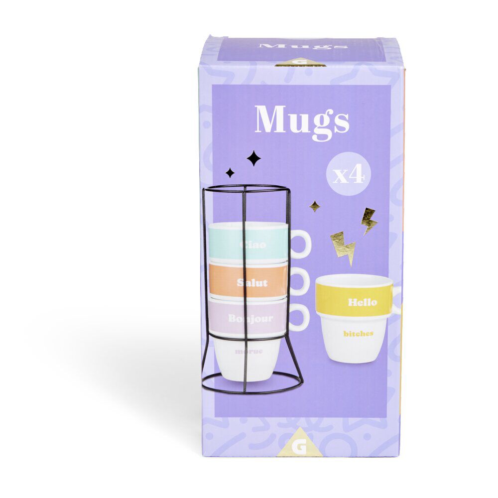 Lot de 4 tasses à café message avec support
