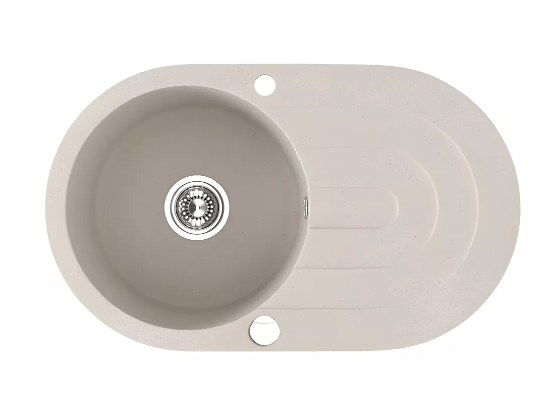 Evier de cuisine rond en granit beige DAFNE, 1 bac avec égouttoir, 47x78