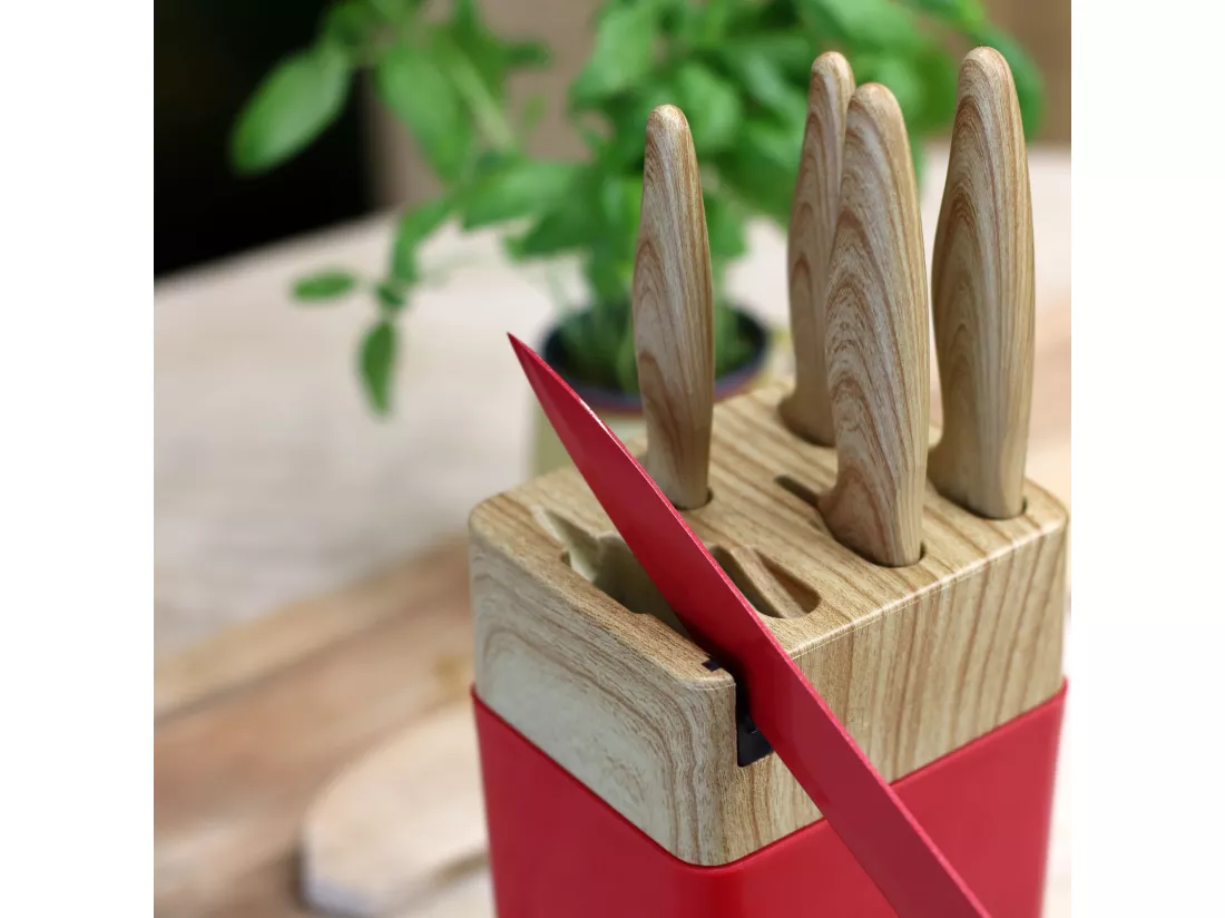 Menastyl - Bloc A Couteaux 6 Pieces En Polypropylene Magenta Et Effet Bois