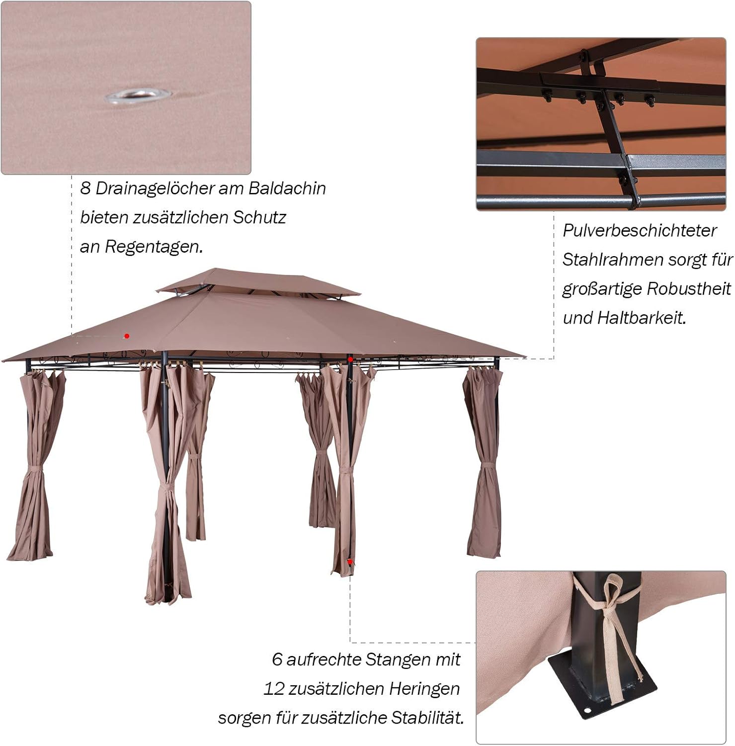 Outsunny Pavillon 3x4m Gartenpavillon mit 6 Seitenteilen Partyzelt Gartenzelt Festzelt mit Doppeldach Khaki