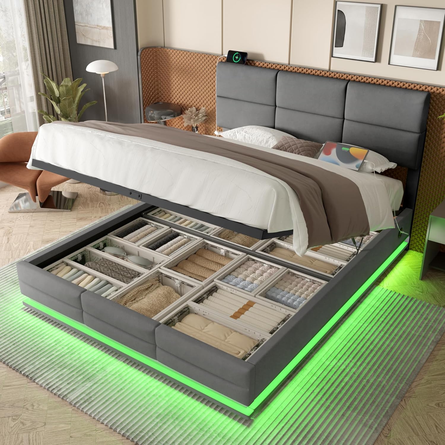 Polsterbett Doppelbett 180x200, LED Jugendbett Hydraulisches Stauraumbett mit Stauraum&USB Ladefunktion, Funktionsbett Bettgestell mit Höhenverstellbarem Kopfteil&Lattenrost, Samt, Ohne Matratze, Grau