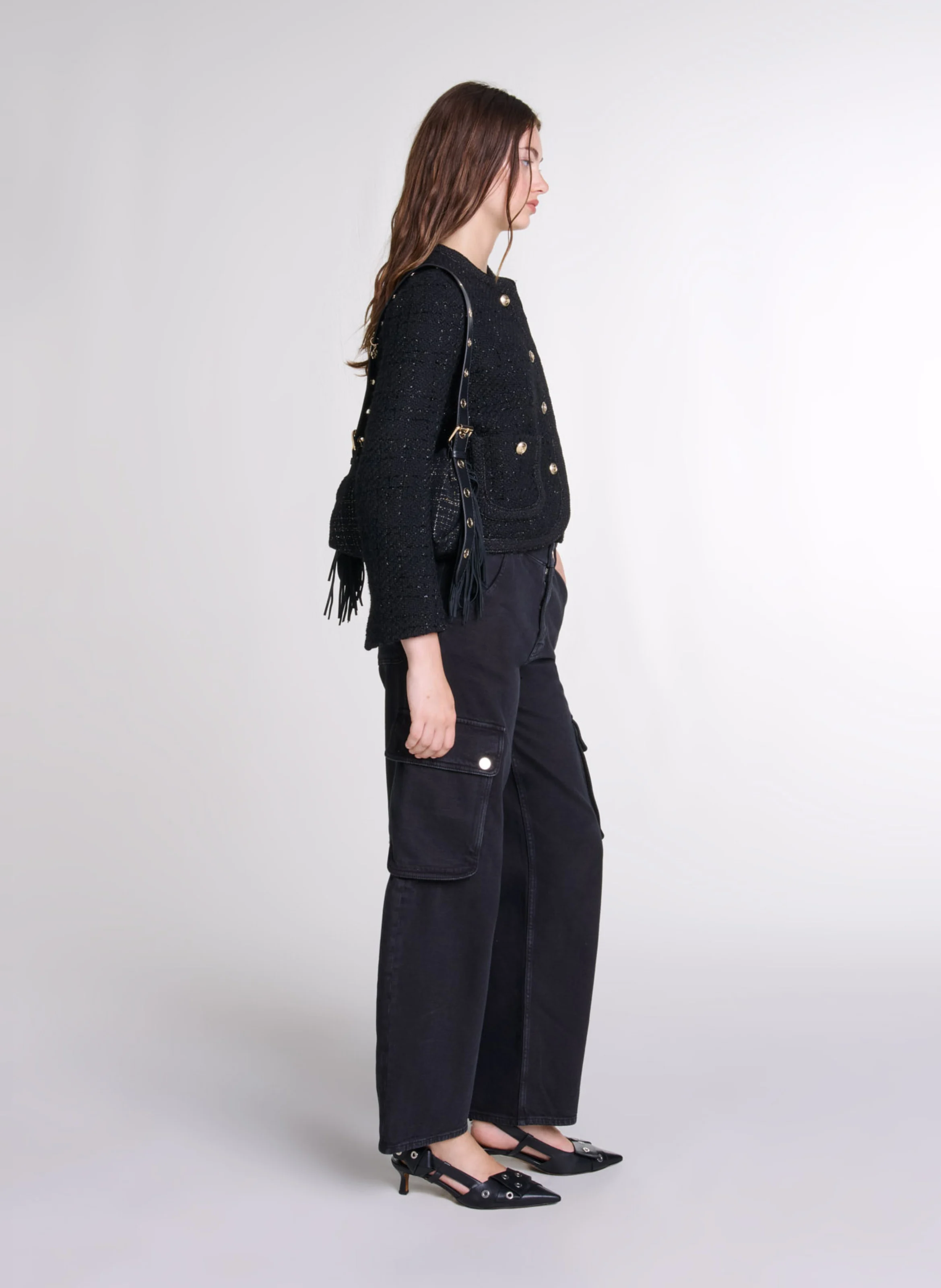 Veste col rond en tweed| Noir