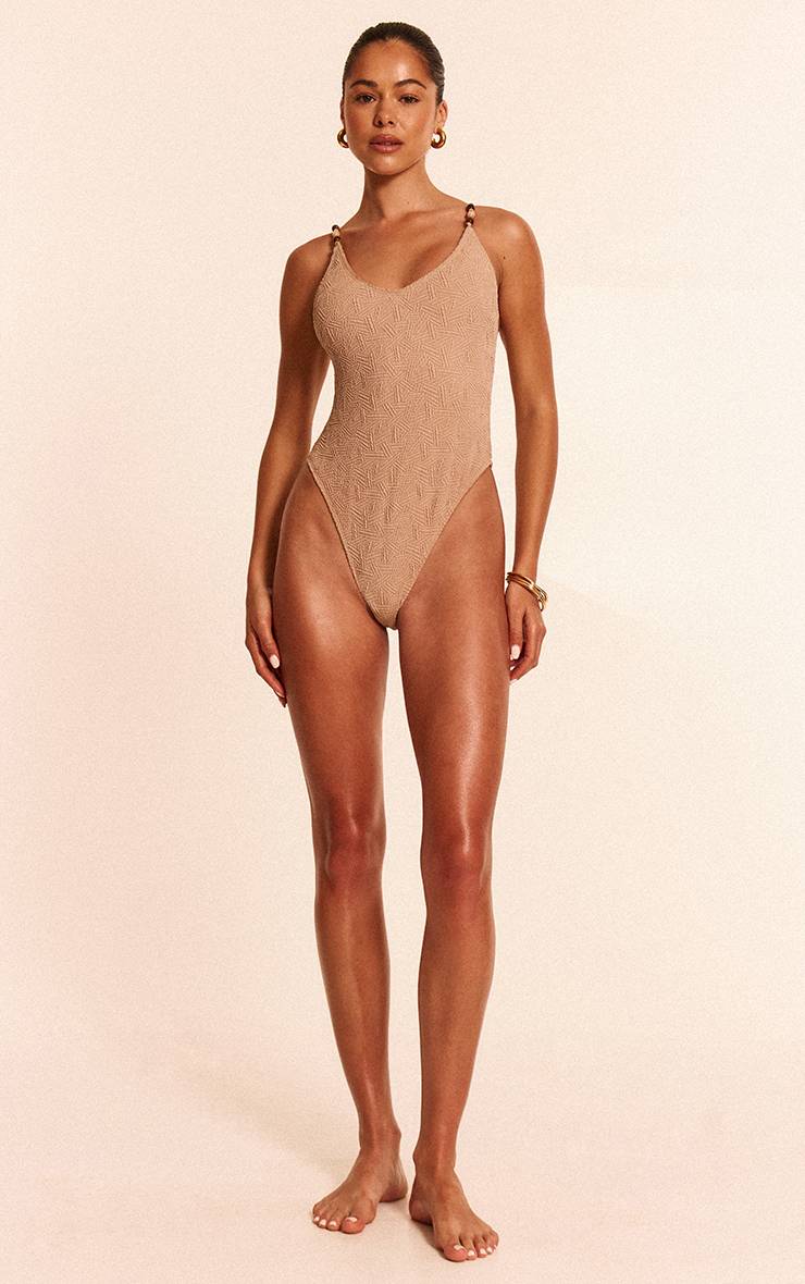 Gris Pierre Maillot De Bain Plongeant Texturé Avec Bordure De Perles