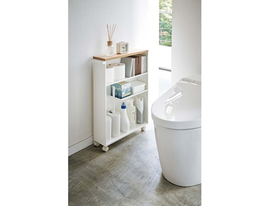 YAMAZAKI - Etagère de toilette sur roulettes métal et bois slim blanc