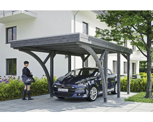 SKAN HOLZ Friesland enkele carport set 6 inclusief aluminium dakpanelen, 2 inrijbogen, H-paalankers 314 x 555 cm grijs