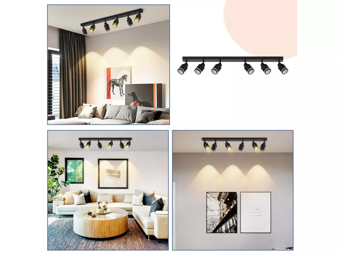 NETTLIFE Plafonnier noir moderne : 6 spots de plafond orientables, en métal, GU10 pour bureau, chambre, salle à manger, sans ampoule