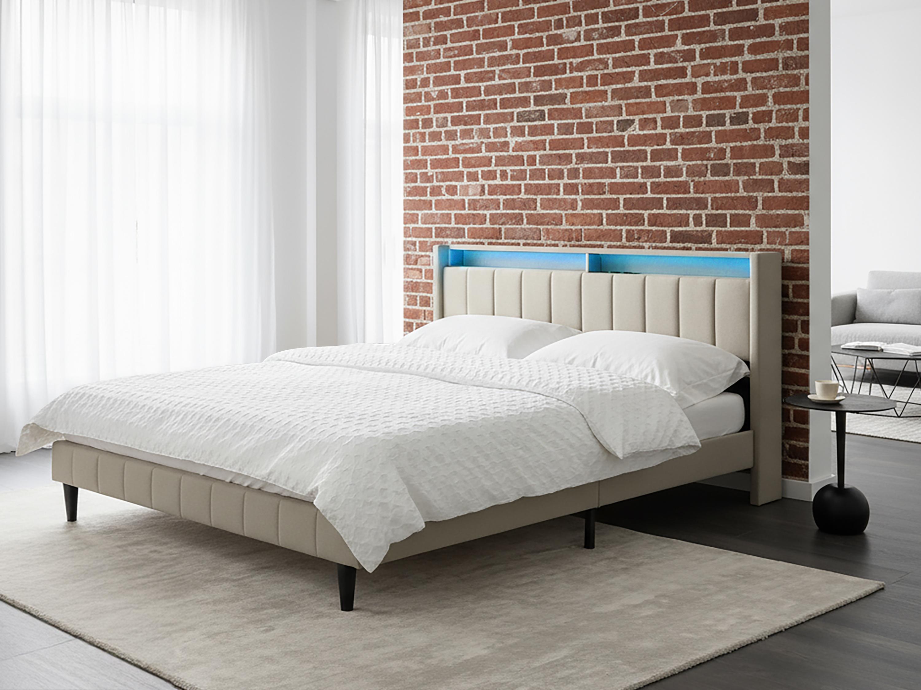 Bed met LED-verlichting Stof BEAULIEU 180 x 200 cm met opbergruimte met USB-poort Beige