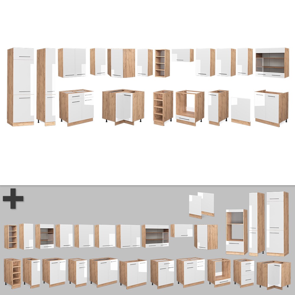 Vicco Eckküche Küchenzeile Einbauküche Fame-Line Eiche Weiß 257x347 cm modern Spülenunterschrank Unterschrank Herdumbauschrank Hängeschrank Kühlumbauschrank Apothekerhochschrank Blende