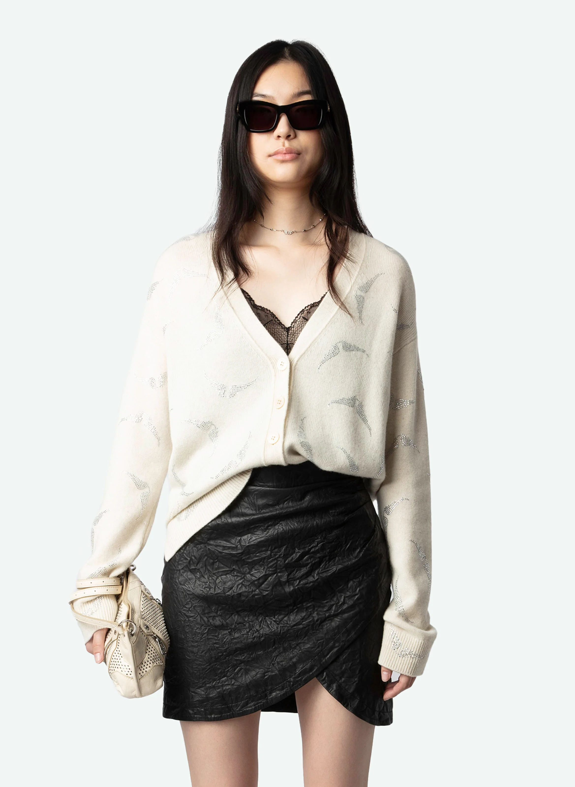 MIRKA - Cardigan à strass en cachemire | Blanc