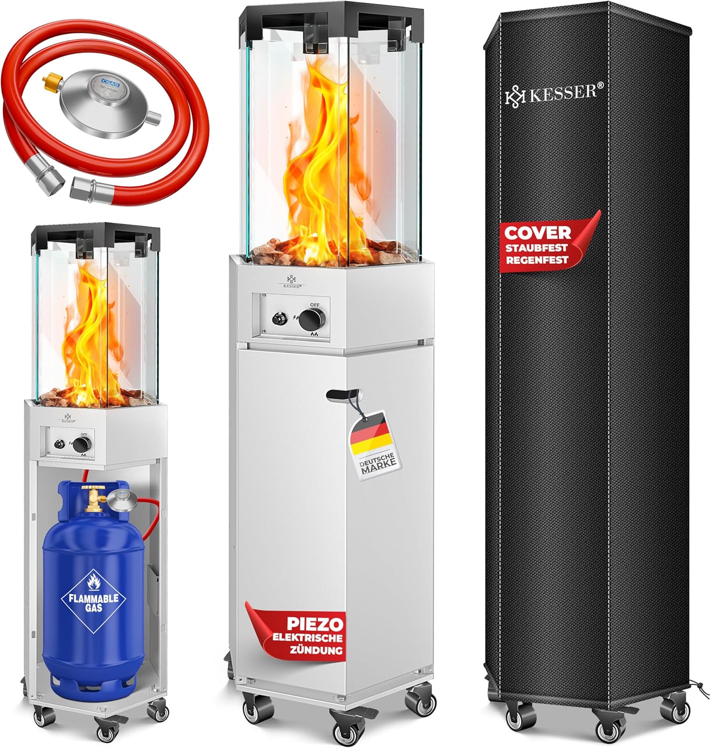 KESSER® Gasheizstrahler 4/8 kW Gas Piezozündung Heizung + Gasdruckregler + Cover, 360° Rollen Kippschutz, Terrassenheizstrahler Gasheizung Gasheizer Outdoor Kamin Mobiler Heizpilz, Heizer, Weiß