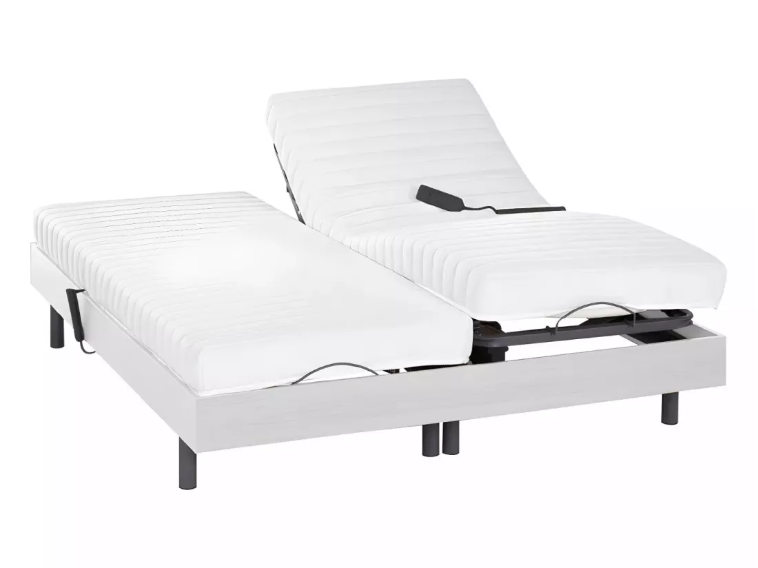 Lit électrique de relaxation lattes et plots + matelas accueil latex - 2 x 90 x 200 cm - Blanc - PANDORA II de YSMÉE