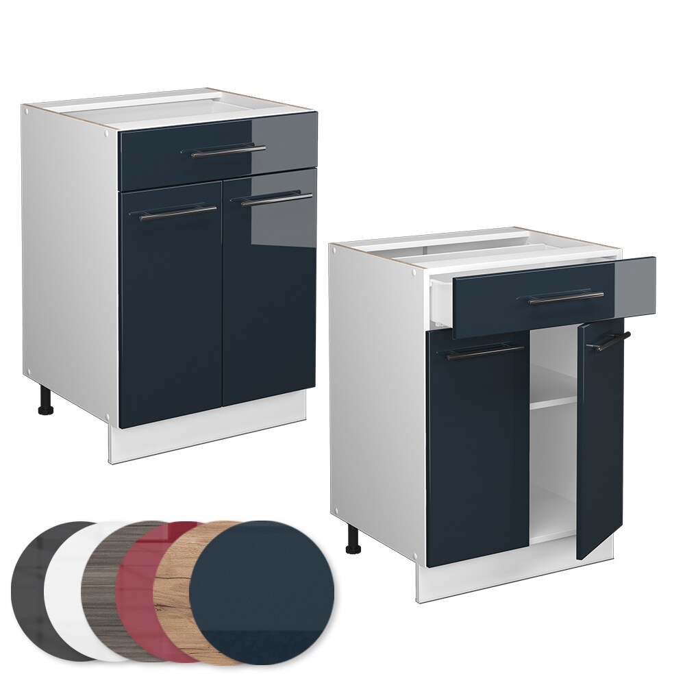 Vicco Schubunterschrank Fame-Line Weiß Dunkelblau Hochglanz 60 cm mit Arbeitsplatte Eiche