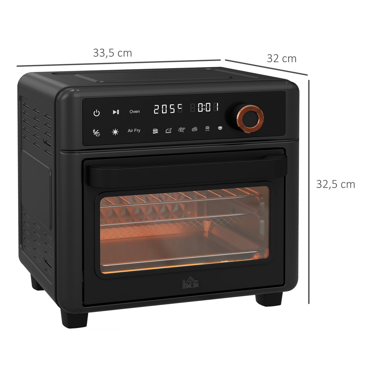 HOMCOM Mini-oven met hetelucht, 13 l, met bakplaat, 40-220 °C, met 12 programma's, 12-uurs timer, 1500 W, 33,5 l x 32 b x 32,5 h cm, roestvrij staal, zwart