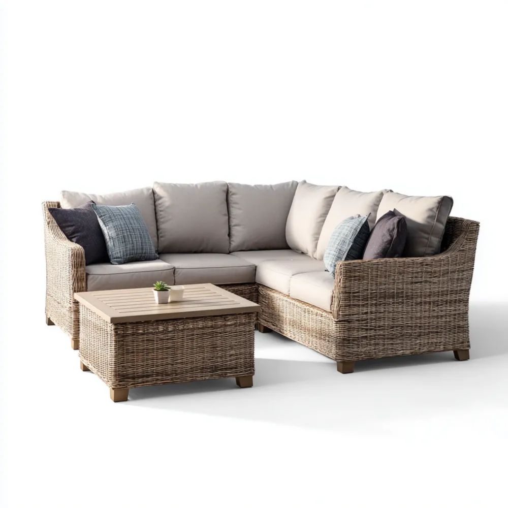 Garten-Sofaset Rattan 250x85x65 cm – Beige/Grau – Eckdesign