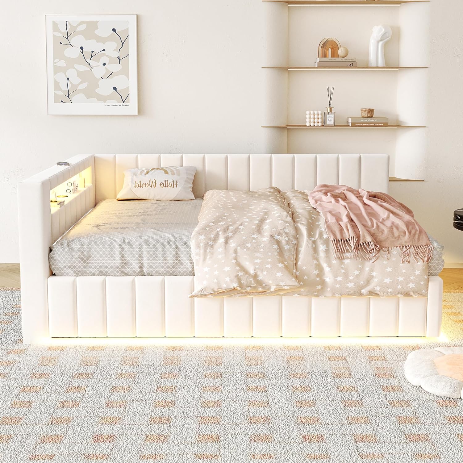 ANIROY L-förmige Schlafsofa 140x200cm, Samtstoff Polsterbett Daybett Sofabett mit LED und USB, Hydraulisches Stauraumbett, Doppelbett Bettgestell mit Lattenrost und Rückenlehne (Beige B)