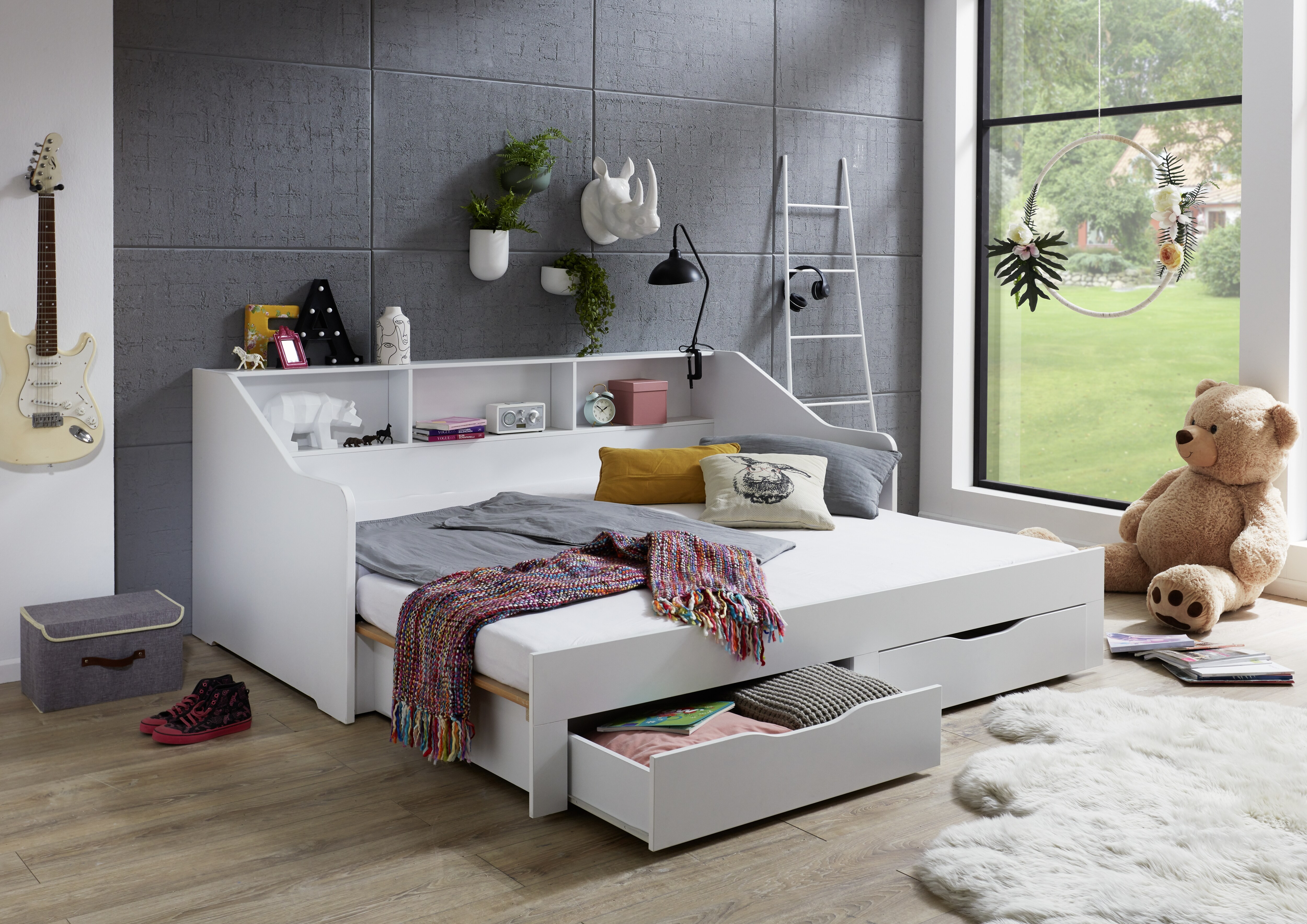 Relita - Funktionsbett Rene 90x 200 auf 180 x 200 cm Liegefläche ausziehbar, inkl. 2 Schubladen und Regal, Ausf. Dekor Weiß