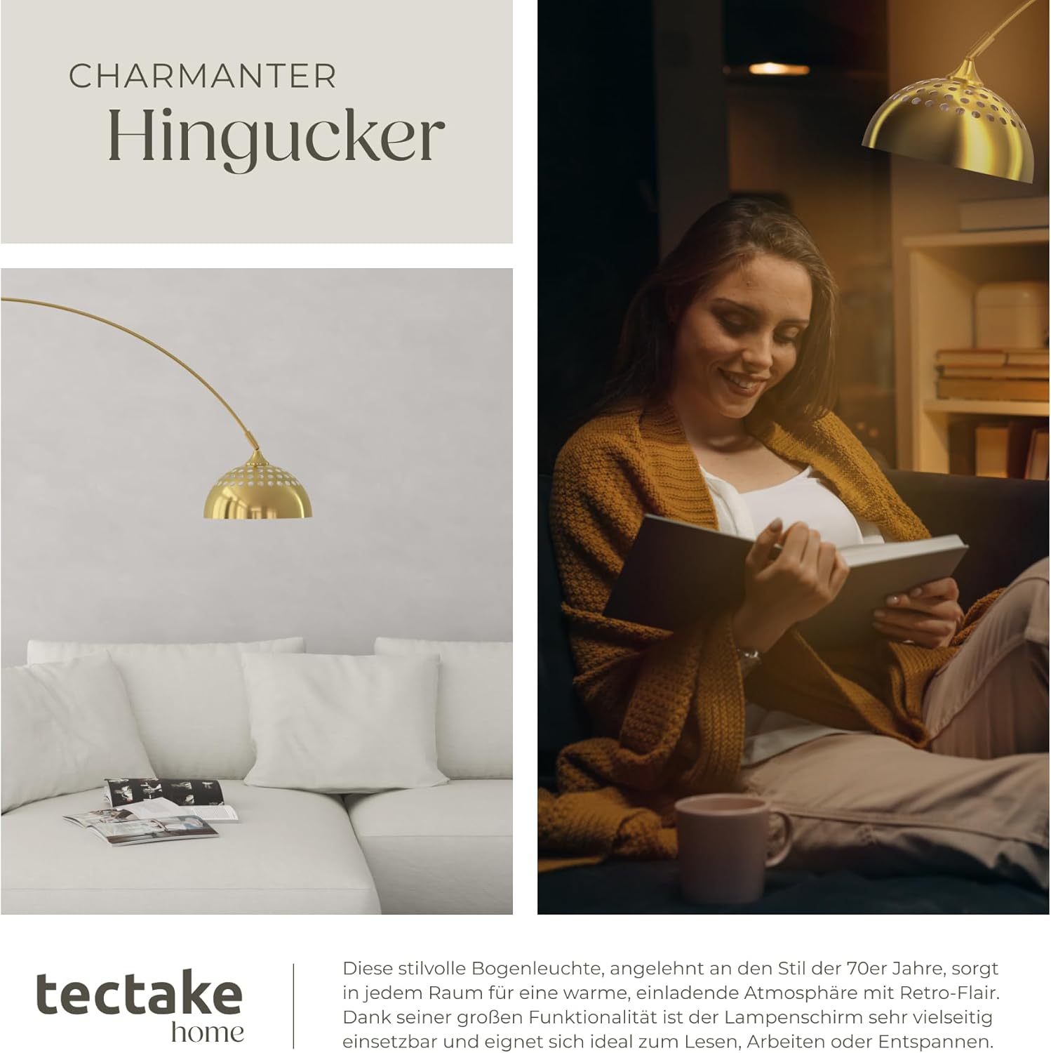 tectake® Bogenleuchte, Bogenlampe, Stehlampe Wohnzimmer, Esszimmerlampe modern, Schirmlampe hängend, Retro Vintage Optik, Lampe Esszimmer, Standleuchte, Standlampe - gold