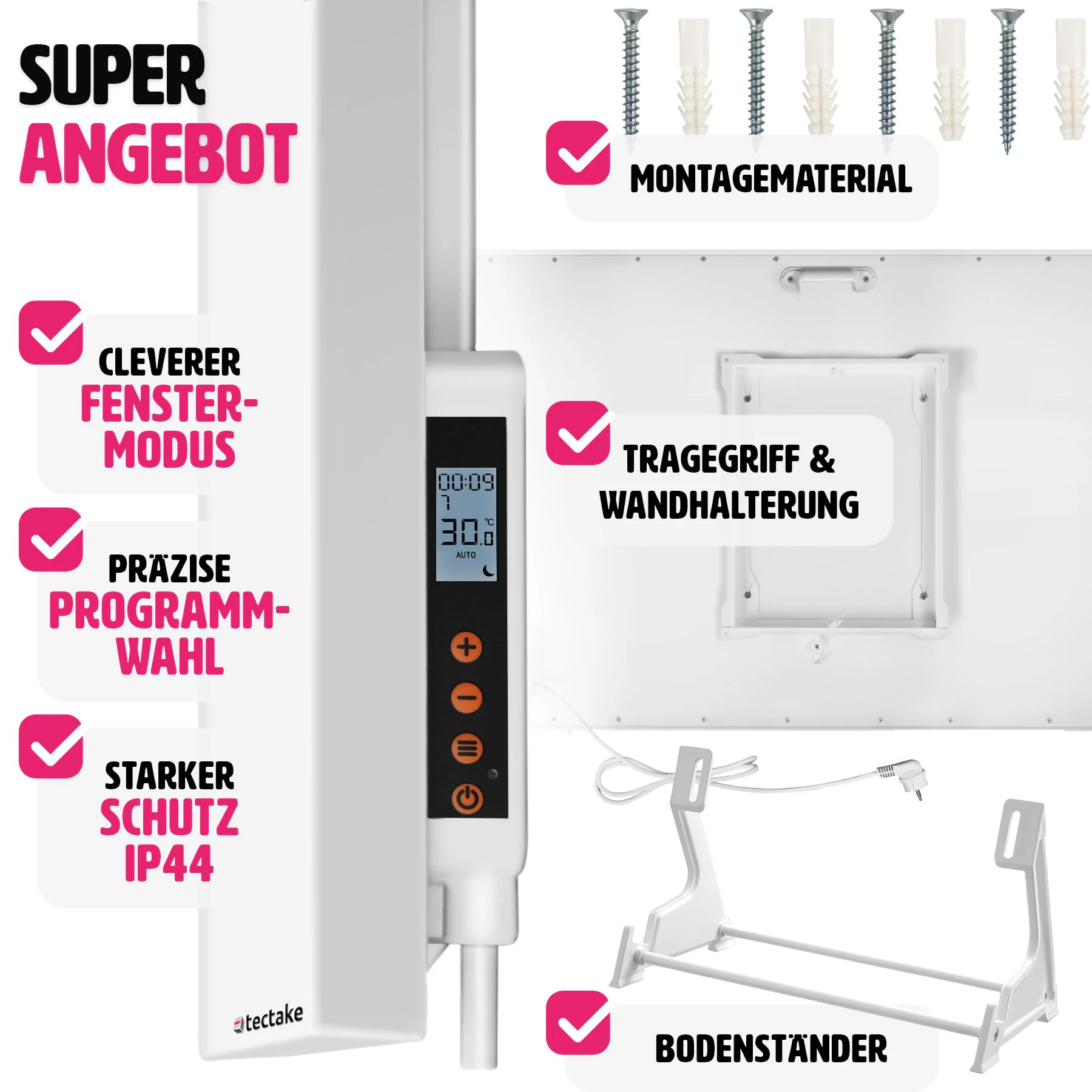 tectake® Infrarotheizung, rahmenlos mit Thermostat, Überhitzungsschutz, einfache Wand- oder Deckenmontage, inklusive Ständer