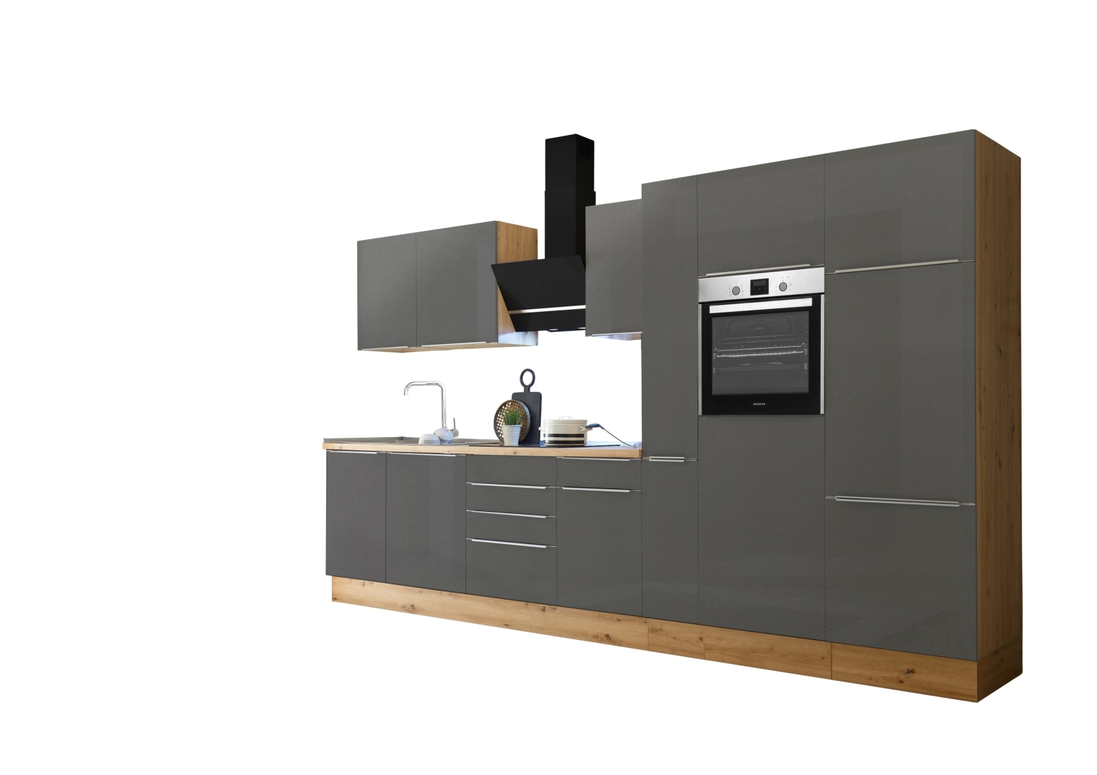 RESPEKTA Küchenblock - grau Matt-Artisan Eiche Sägerau - mit E-Geräten - 370 cm