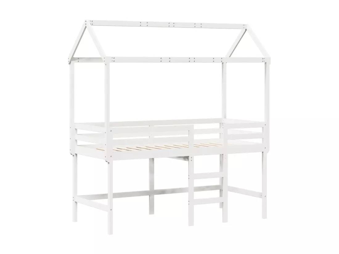 Lit superposé et échelle et toit blanc 80x200cm bois pin massif