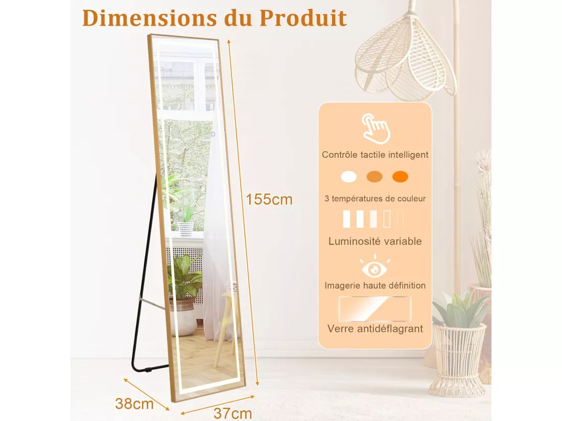 Miroir sur Pied Rectangulaire avec LED, Grand Miroir Mural avec Cadre en Aluminium 37x155 CM, Éclairage 3 Couleurs et Intensité Variable, Doré (Rectangulaire)