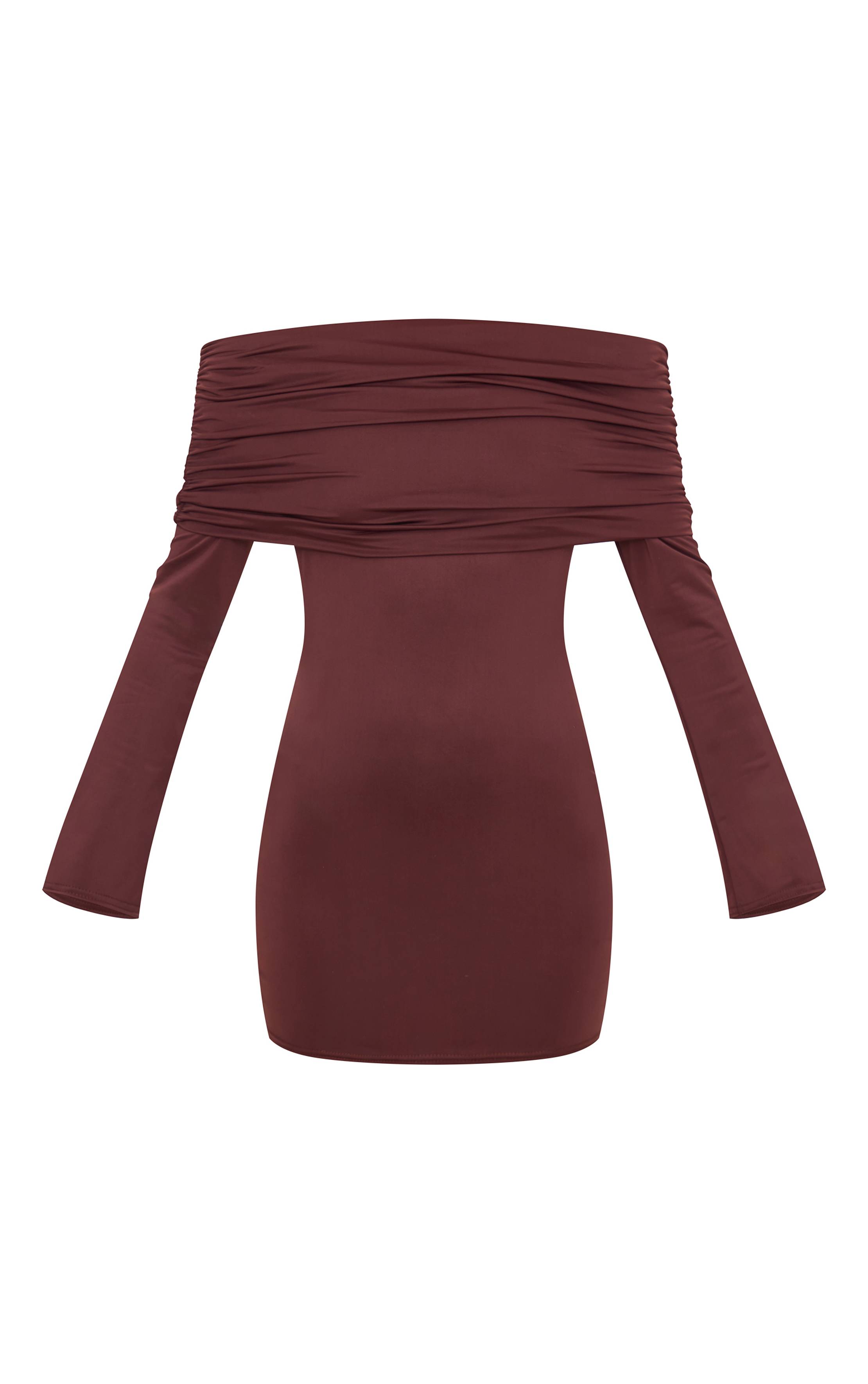 Chocolat Robe Mini À Manches Longues Bardot Plissé Double Couche Sculptante Mate