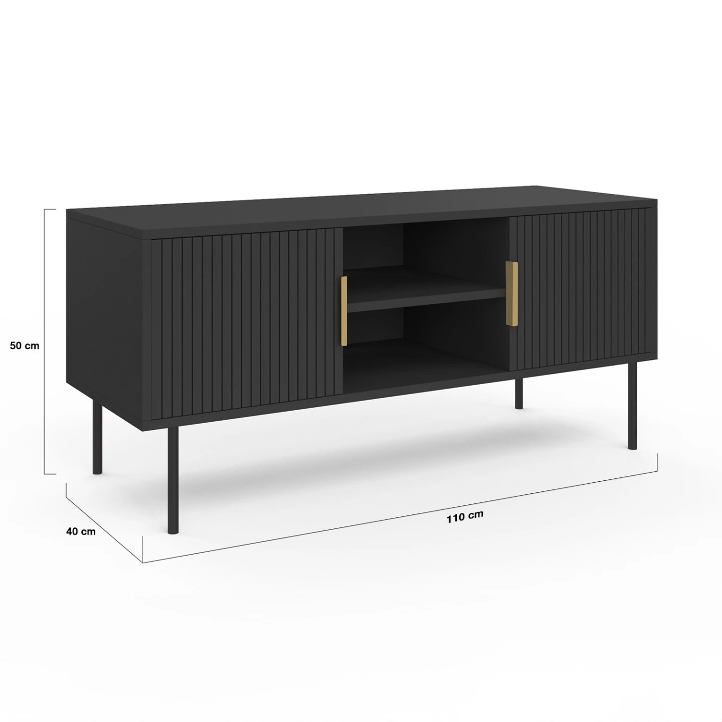 Meuble TV 110 cm MARCEL 2 portes lattes tasseau bois noir