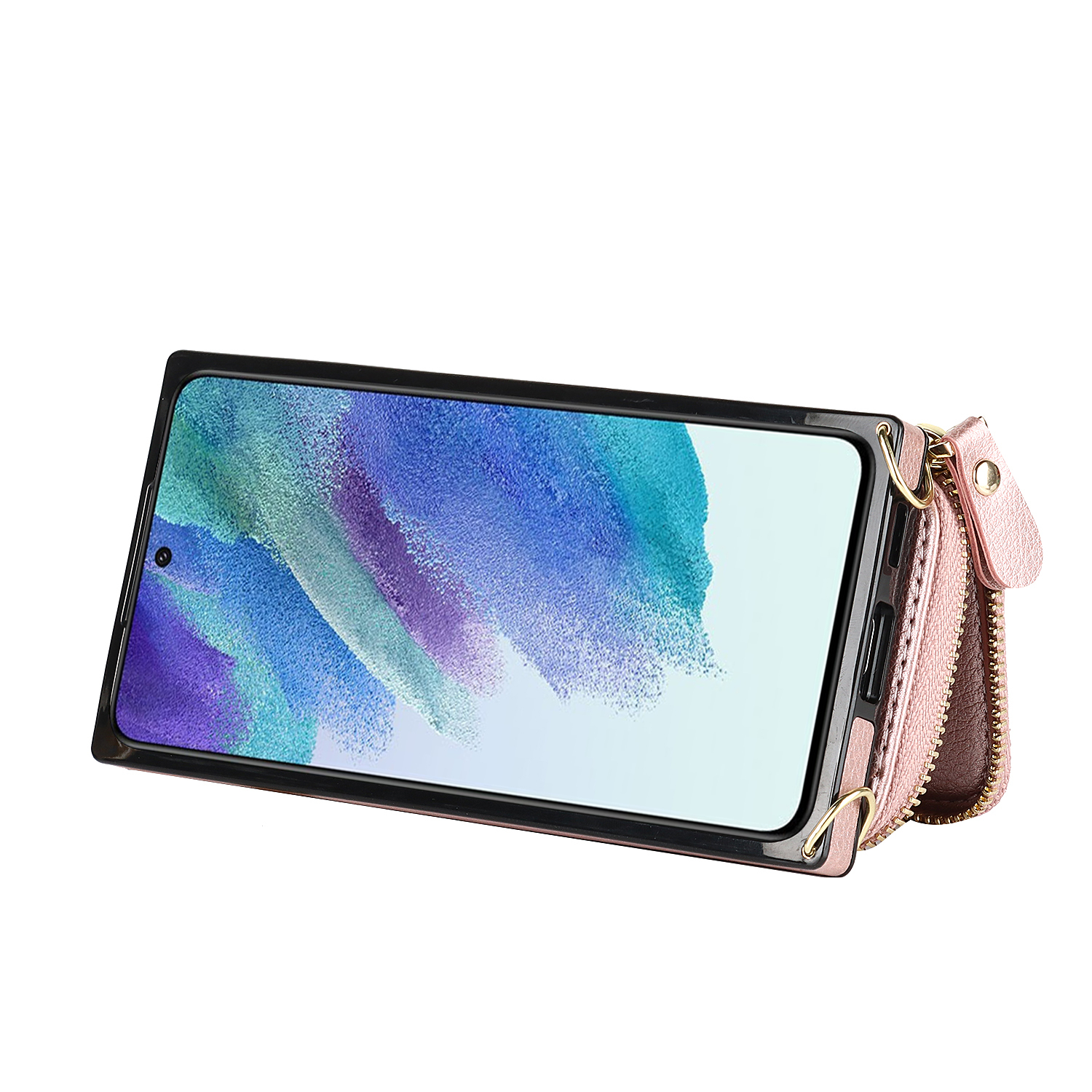Samsung Galaxy S21 FE 5G Necklace Leder Schutz Hülle mit Kartenfächer   Handykette (140cm) - Roségold