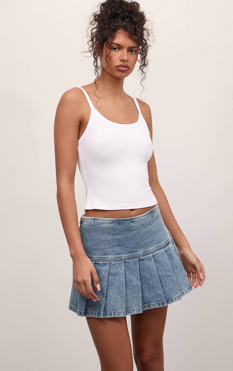 Vintage Mini-jupe Plissée En Denim Indigo Brut Taille Mi-haute
