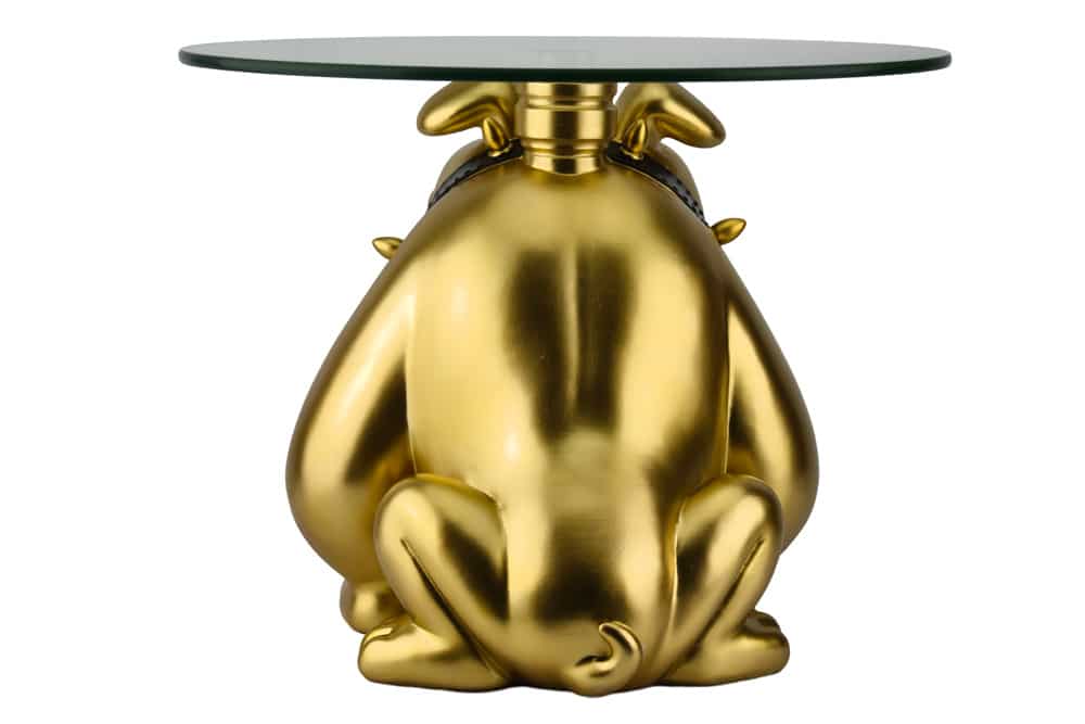Extravaganter Couchtisch BULLDOG 55cm gold rund Hunde-Skulptur mit Glasplatte