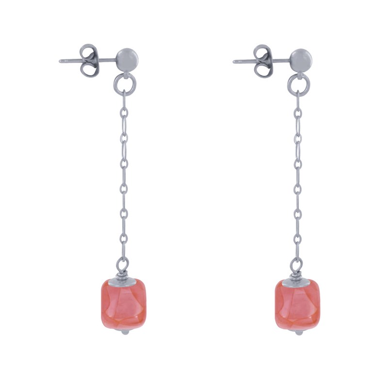 Boucles d'Oreilles Chainette Laiton Argenté et Cube en Céramique