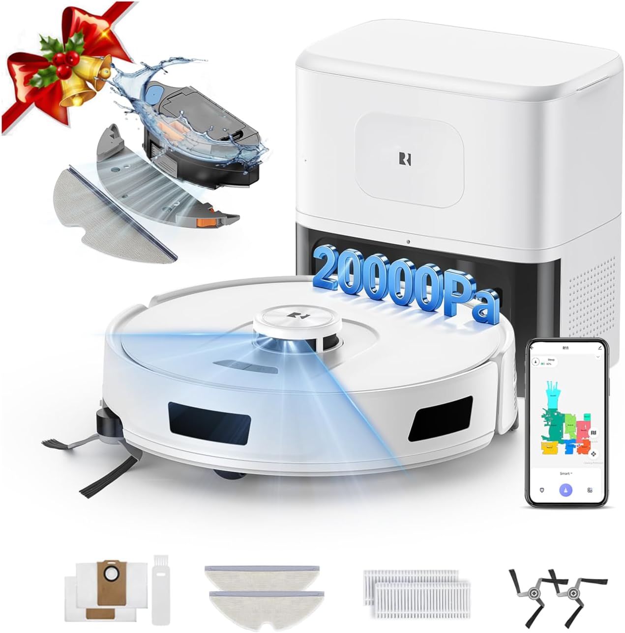 R11 Saugroboter mit Wischfunktion mit Kartenmapping, 20000Pa, Selbstentleerungsstation 90 Tage, Autoladender Staubsauger Roboter für Teppiche/Böden/Tierhaare (White R11 1)