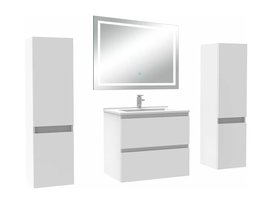 Ensemble meubles Salle de Bain 60cm avec colonne et miroir lumineux 3 couleurs blanc