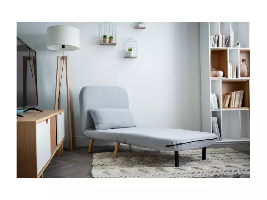 Fauteuil convertible scandinave en tissu bleu foncé et bois clair AMIKO