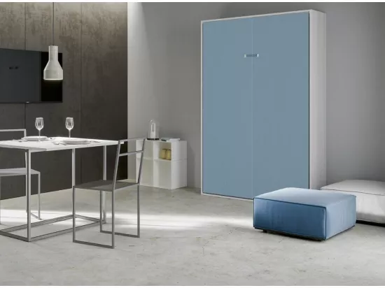 Lit escamotable vertical frêne blanc et porte bleu clair kanto 120x190