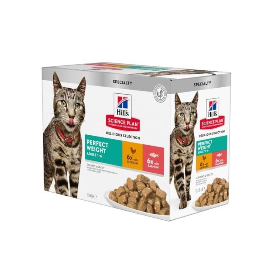 Sachês de Ração para Gatos Hill's Perfect Weight Salmão e Frango - Pacote com 12 unidades