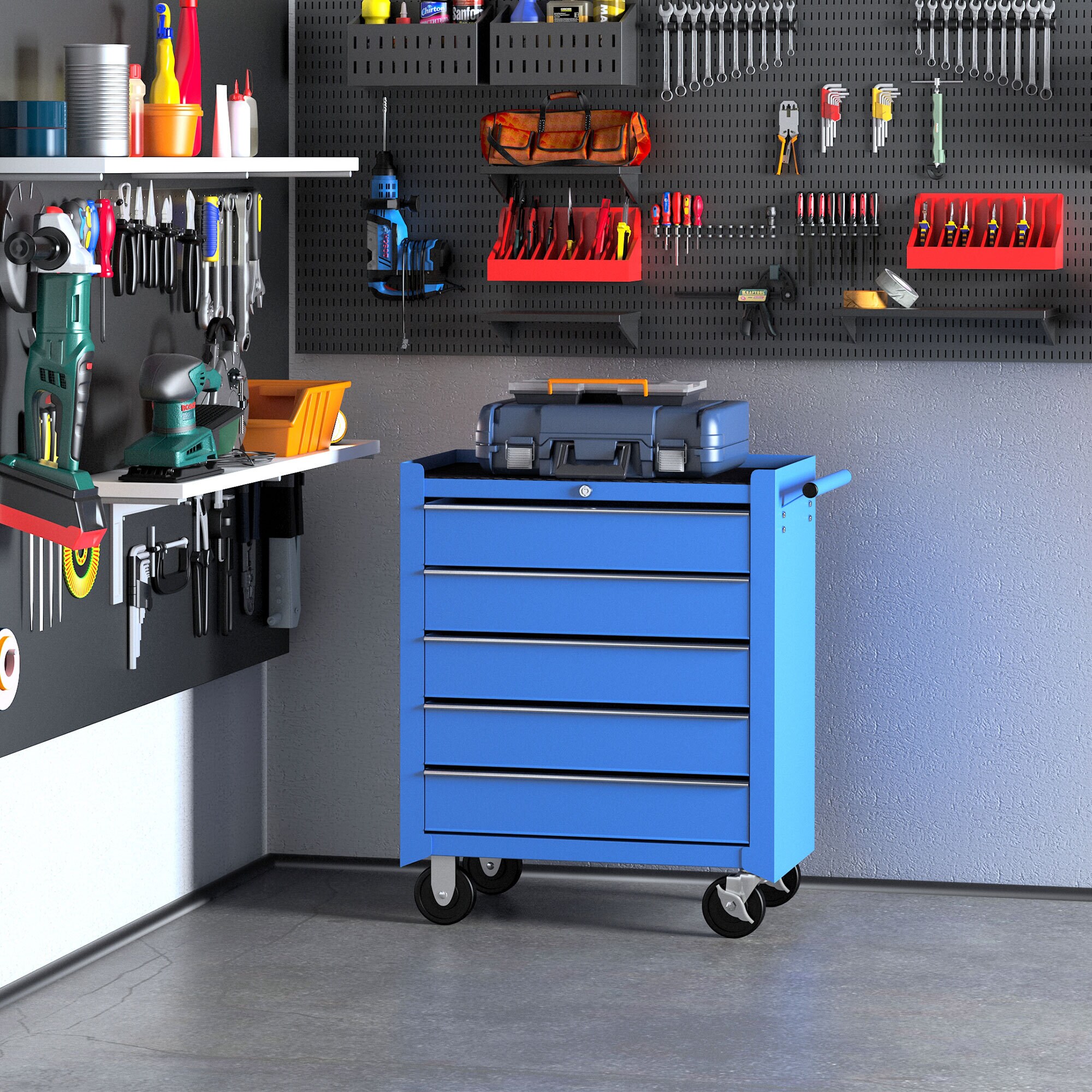 HOMCOM Fahrbarer Werkstattwagen mit 5 Schubladen blau 67,5 x 33 x 77 cm (BxTxH ohne Räder)