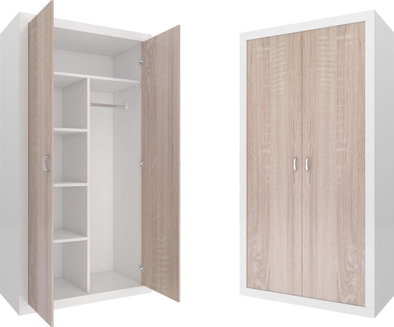 Kledingkast - 90x190x50 cm - wit/Pijnboom - 5 schappen - 2 deuren