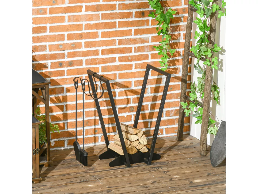 Range-bûches porte bûche range bois de chauffage en acier design trapézoïdal avec 2 crochets et étagère inférieure pour intérieur et extérieur 45 x 32 x 58 cm noir