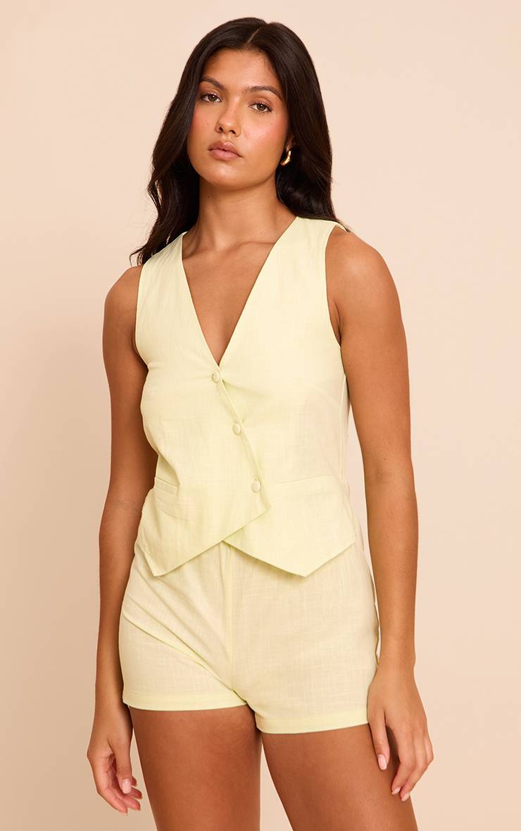 Pale Lime Combi-short Gilet Asymétrique Ajusté Aspect Lin