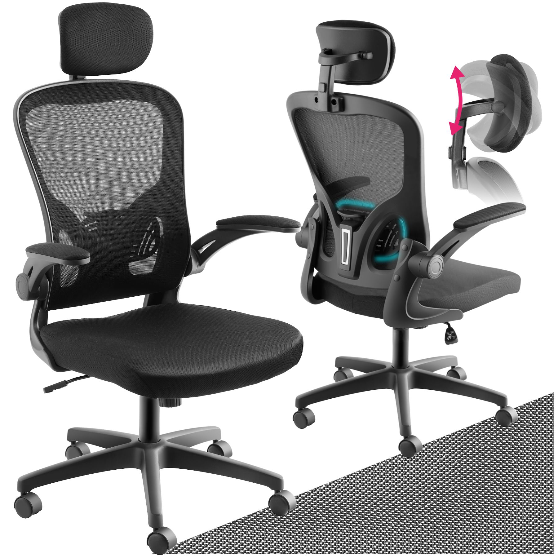 tectake® Bürostuhl, ergonomische Form mit verstellbarer Lordosenstütze und verstellbarer Kopfstütze, mit Netzstoffbezug, klappbare Armlehnen und Wippfunktion, stufenlos höhenverstellbar